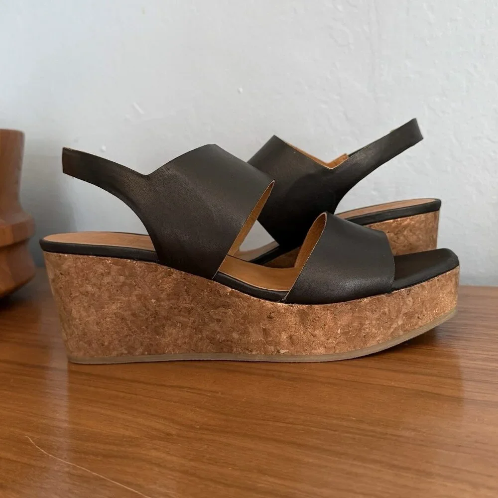 Coclico Massy Black Leather Wedge Sandals Cork Wedge Slingback Size 37.5 - Picture 3 of 10